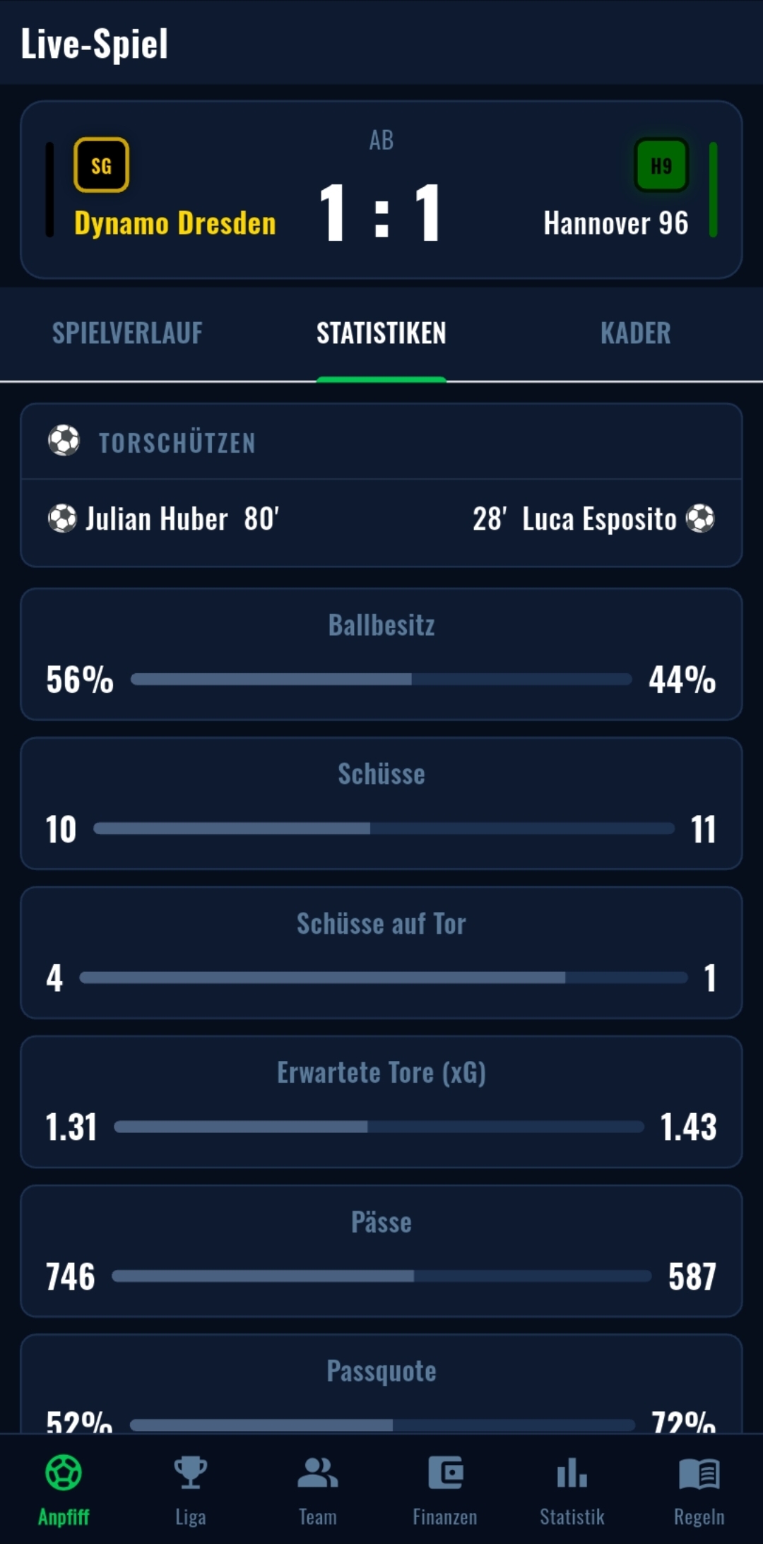 Live-Spiel Statistiken