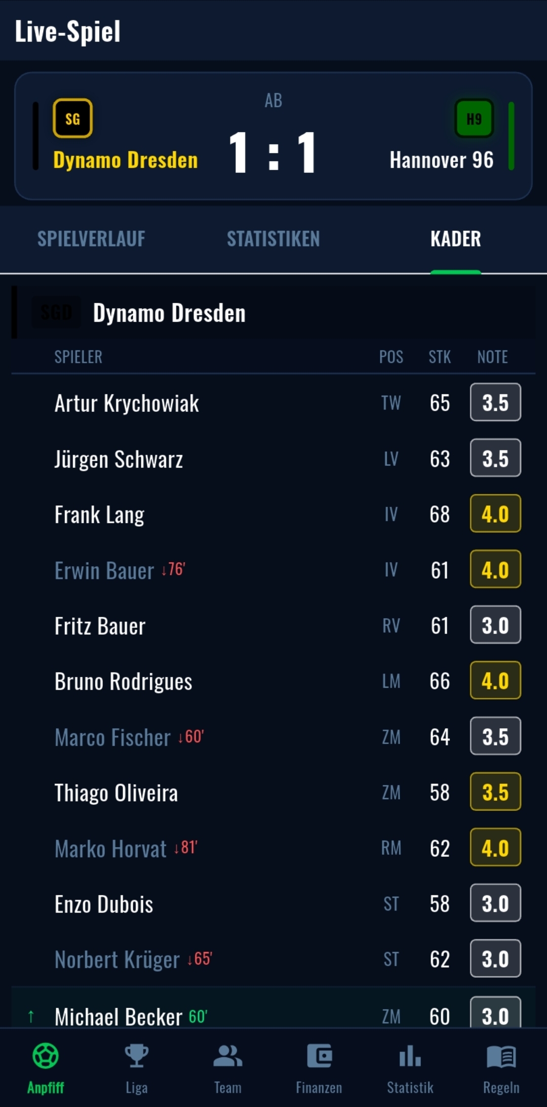 Live-Spiel Kader